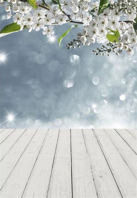 White Spring Flowers Wood Floor Bokeh Photography Backdrop F 2340