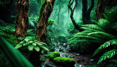 Forest Stones Rainforest Jungle Green Nature Background In The Rain