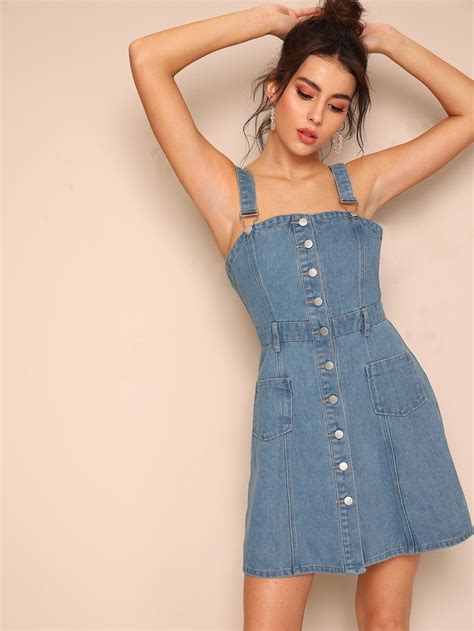 Button Front Denim Overall Dress With Adjustable Strap Denim Overall