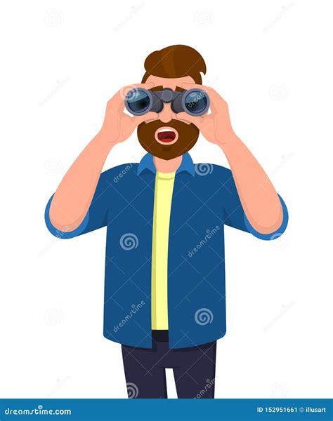 Amazed Young Man In Casual Wear Looking Through Binoculars With Opened