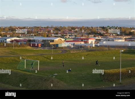 Boys Playing Soccer In Gardabaer Town Reykjavik Iceland Stock Photo