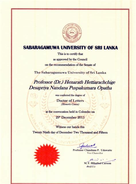 Dlitt Prof Opatha Final Certificate Usj University Of Sri