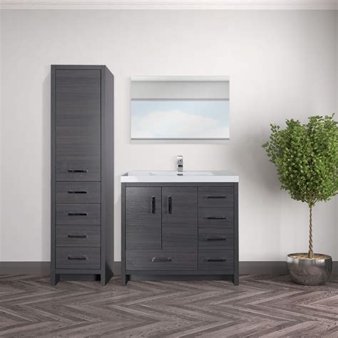 Elevate your bathroom with style and functionality with this modern minimalist designed single bathroom vanity set. COMBO 36" grey-brown elevated vanity set with linen ...