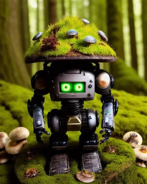 A Ancient Robot Covered Moss Mushrooms AI Photo Generator Starryai