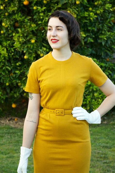 Rolled Fringe And 1960s Mustard Wiggle Dress Outfits Fashion