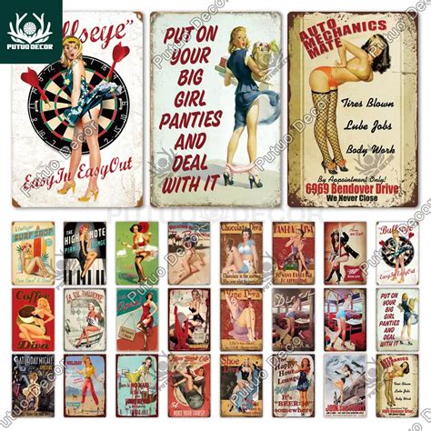 Pin Up Poster Vintage Girl Metal Tin Sign Pinup Cafe Decoration Pub Retro Wall Plaque Decorative