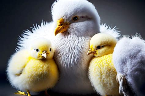 White Chicken With Cute Fluffy Chicks With Yellow Beaks Stock Photo