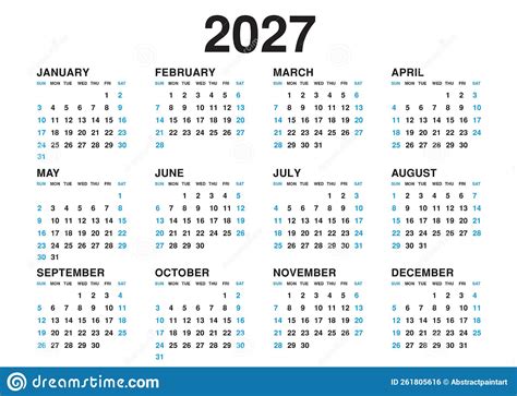 2027 Simple Horizontal Pocket Calendar Grid Template Isolated On White