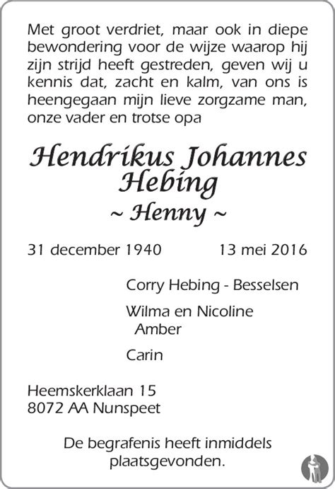 Hendrikus Johannes Henny Hebing Overlijdensbericht En