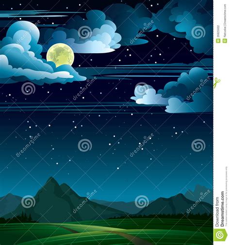 Summer Night With Full Moon And Mountains Stock Illustration