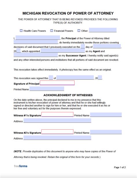 Free Michigan Revocation Of Power Of Attorney Form Pdf Word