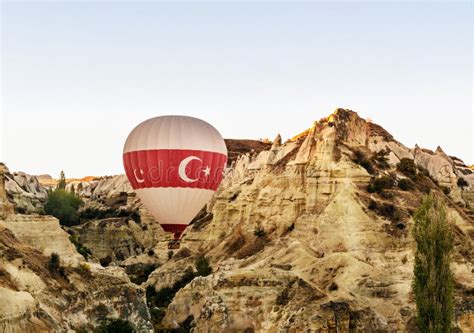 Hot Air Balloon Flying Over Valley In The Morning Cappadocia Turkey