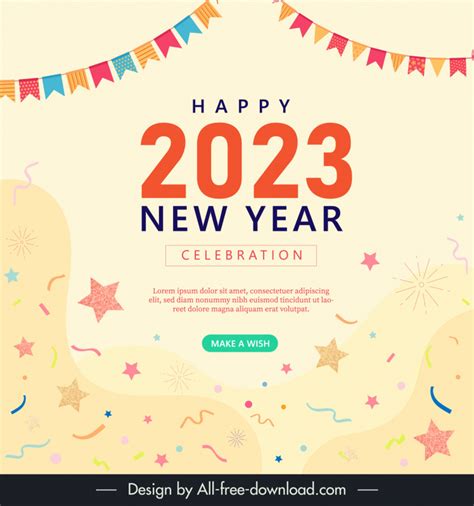 Happy New Year 2023 Banner Template Flat Dynamic Handdrawn Ribbon Stars
