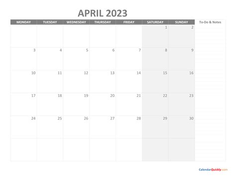 April Monday Calendar 2023 With Notes Calendar Quickly