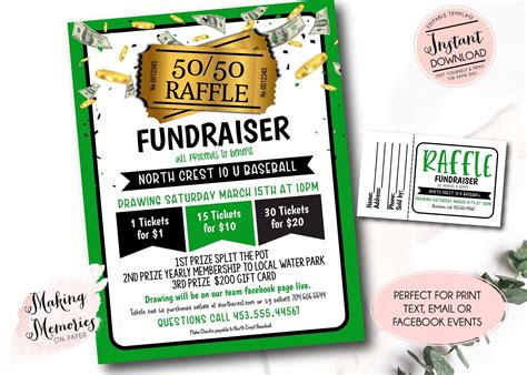 A Green And White Flyer For Raffle Fundraisers With Money Coming Out Of It