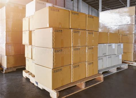 Packaging Boxes On Pallets Racks In Storage Warehouse Supply Chain