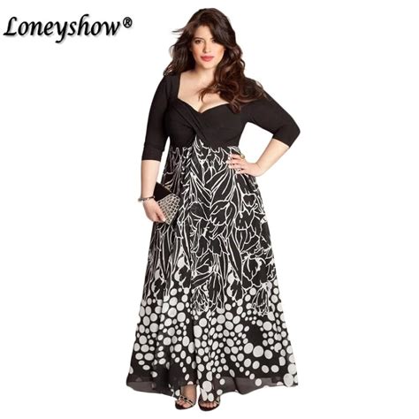 Xxl 4xl 5xl Plus Size Print V Neck Black A Line Empiremaxi Dress Women Peplum Gown Dress Elegant