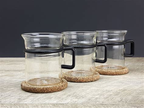 3 Bodum Glass Coffee Mugs And Cork Coasters 3 Vintage Bodum Coffee