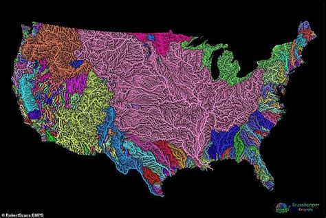 Map Shows Every River Basin Of The Us With A Different Color And Width