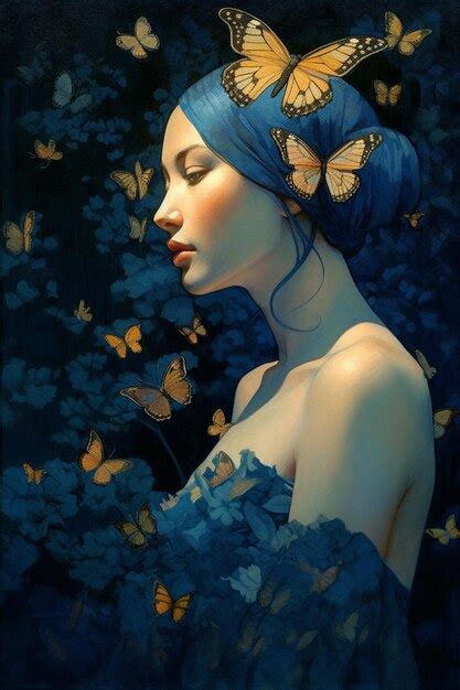 Premium Ai Image A Painting Of A Woman With Blue Hair And Butterflies