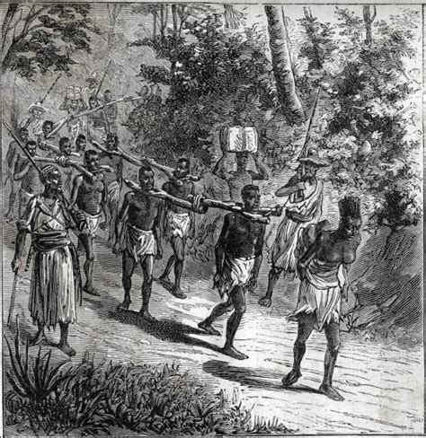 Gravure de 1884 représentant un convoi d esclaves au Soudan au XIXe