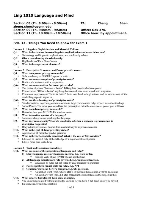 Lecture Notes Exam 1 Study Guide Ling 1010 Language And Mind Section