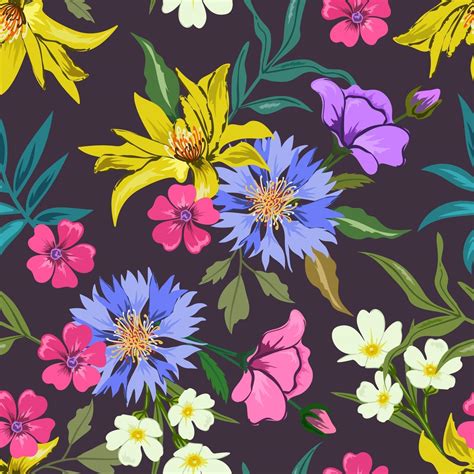Colorful Seamless Pattern With Botanical Floral Design On Dark