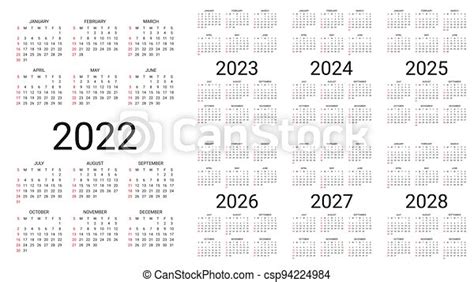 Calendar 2021 2022 2023 2024 2025 2026 2020 Years Vector Illustration