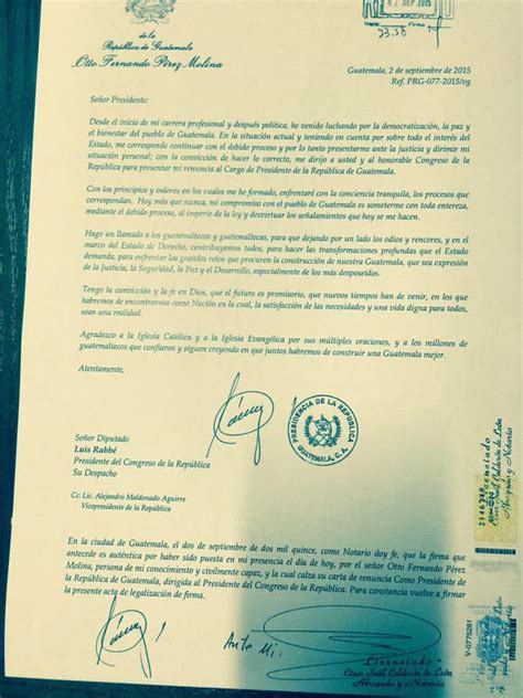 La Carta De Dimisión De Otto Pérez Al Cargo De Presidente De Guatemala