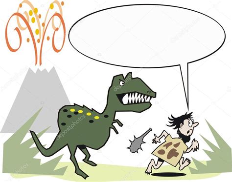 Desenhos animados mostrando homem das cavernas correndo de dinossauro com vulcão no fundo