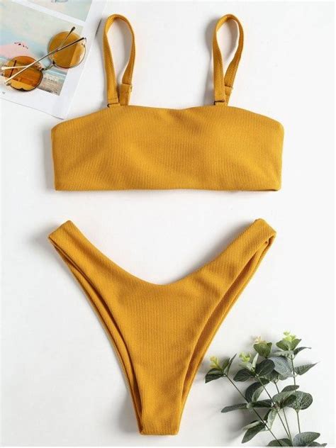 Shop For Rib Bandeau High Leg Bikini Set Golden Brown Bikinis S At