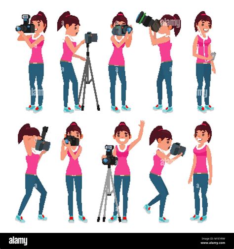 fotógrafo de vectores femeninos cámara moderna posando chica tomando fotos de longitud