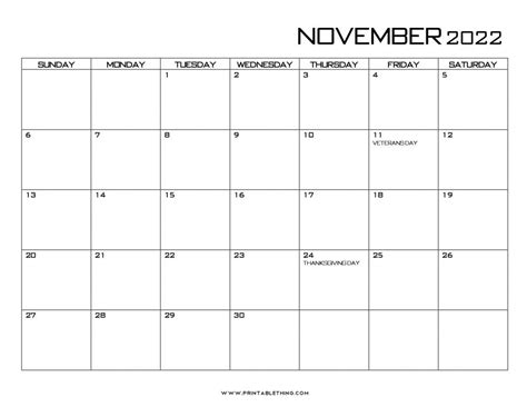 20 November 2022 Calendar Printable Us Holidays Blank Free Pdf Work