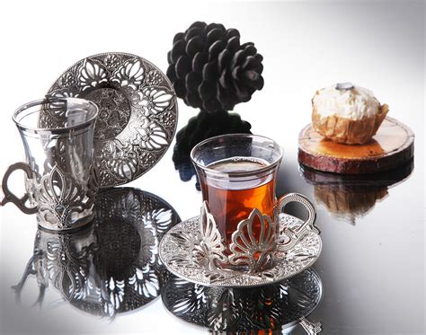 Silver Color Ahu Turkish Tea Cups Set For Six Person Traditional Turk