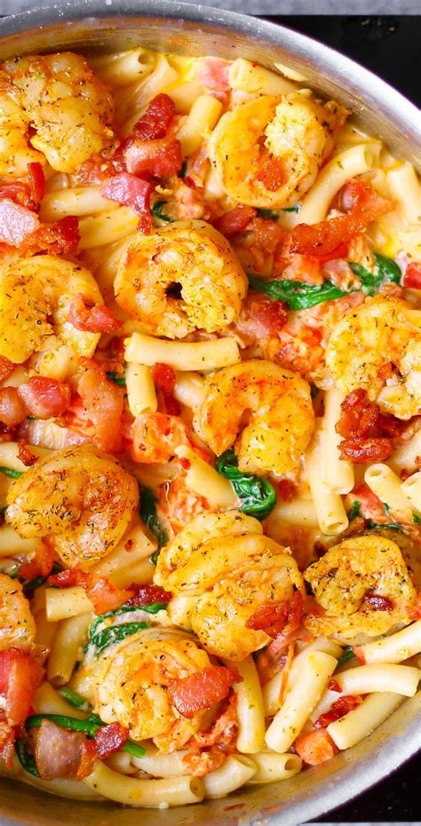 Creamy Pasta With Shrimp Bacon Spinach Garlic Tomatoes Best Easy