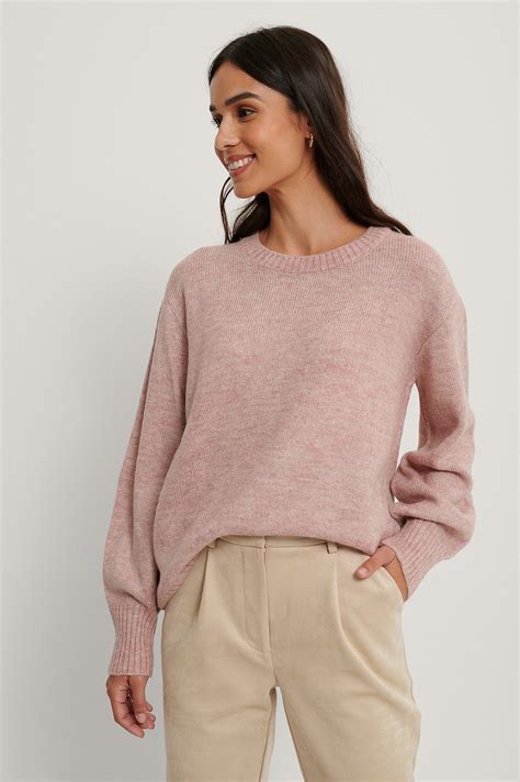Round Neck Knitted Sweater Pink Na