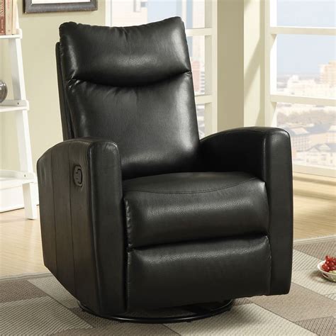 It swivels and features a curved aluminum frame, distressed, polyurethane leather upholstery, and a matching stationary ottoman. Modern Swivel Rocker Recliner (Black) by Coaster Furniture | FurniturePick