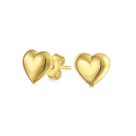Minimalist Real K Yellow Gold Puff Heart Stud Earrings For Women Mm