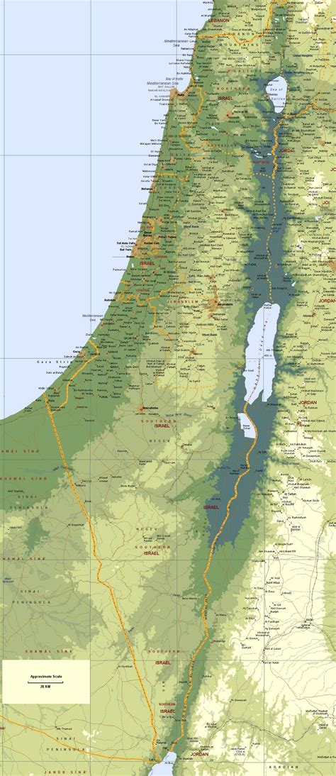 Большая карта высот Израиля с дорогами и городами Израиль Азия
