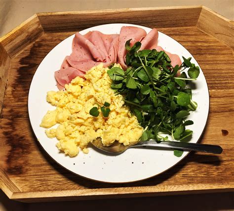 First Breakfast On Keto Classic Scrambled Eggs Ham And Watercress