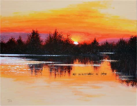 Original Acrylic Painting Sunset Landscape Lake Sunset Landscape
