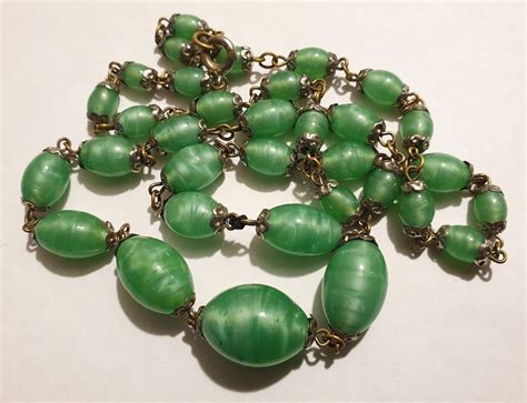 Vintage Original Czech Art Deco Green Satin Glass Beaded Necklace By