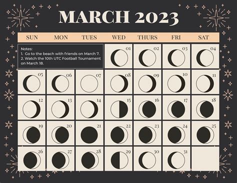 March 2023 Calendar Template With Moon Phases In Psd Illustrator Word