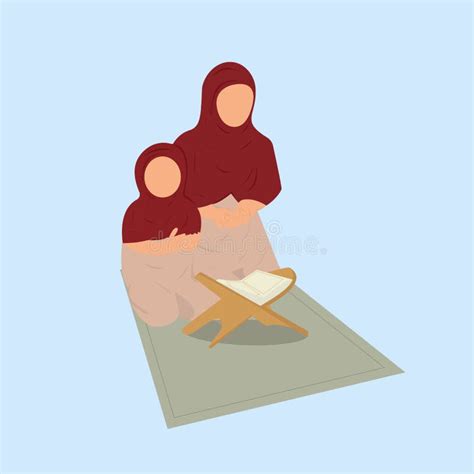 Muslim Mother And Daughter Reading Quran Flat Illustration Beautiful Mother And Daughter