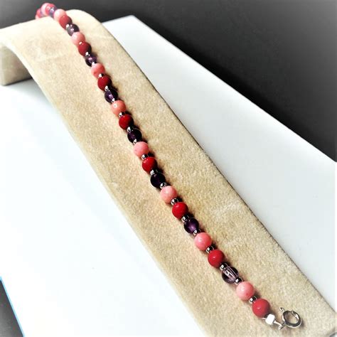 Amethyst and Coral Beaded Bracelet Natural Amethyst Red and Etsy 日本