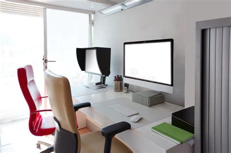Designer Office Desk With Computer Screens Stock Image Image Of