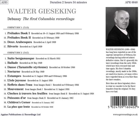 Walter Gieseking Plays Debussy The First Columbia Recordings
