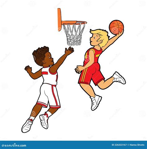 Two Young Teenage Basketball Players Throw The Ball Into A Basketball