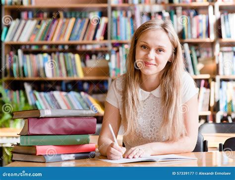 Portrait Of A Student Girl Studying At Library Stock Image Image Of