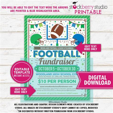 Football Fundraiser Flyer Printable Tournament School Pto Pta Etsy
